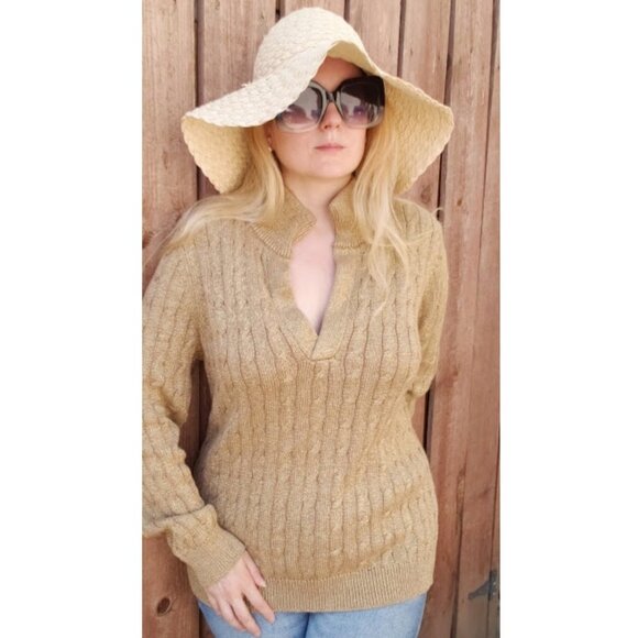 5/$100 SALE -  Vintage Ralph Lauren Gold Metallic Mock Neck Cableknit Sweater - Picture 3 of 11